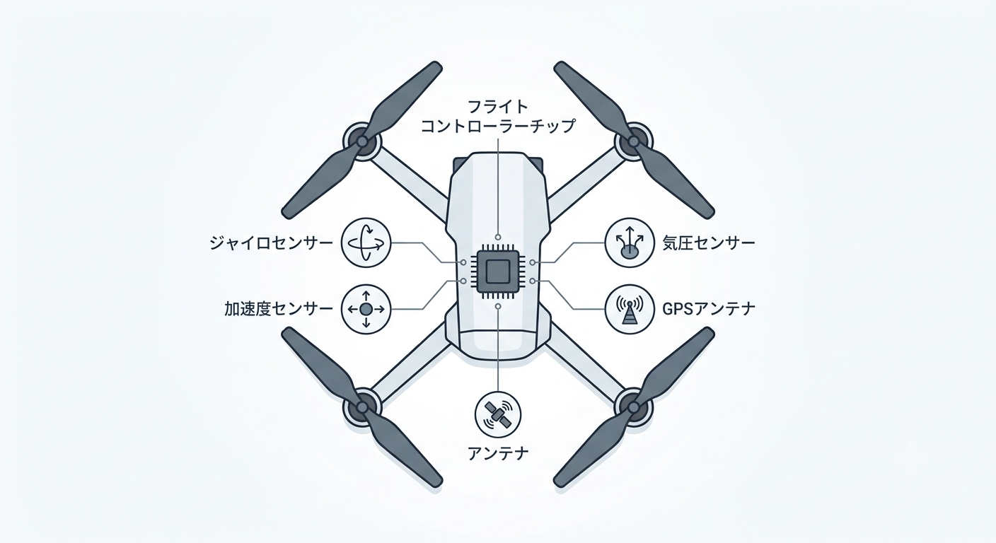 ドローンの内部構成を示した図。中央のフライトコントローラーチップの周囲に、ジャイロセンサー・加速度センサー・気圧センサー・GPSアンテナ・アンテナが配置されている。