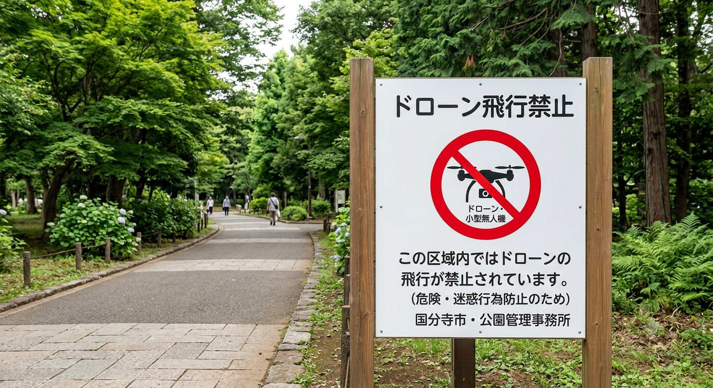 公園の遊歩道に設置された「ドローン飛行禁止」の注意看板。